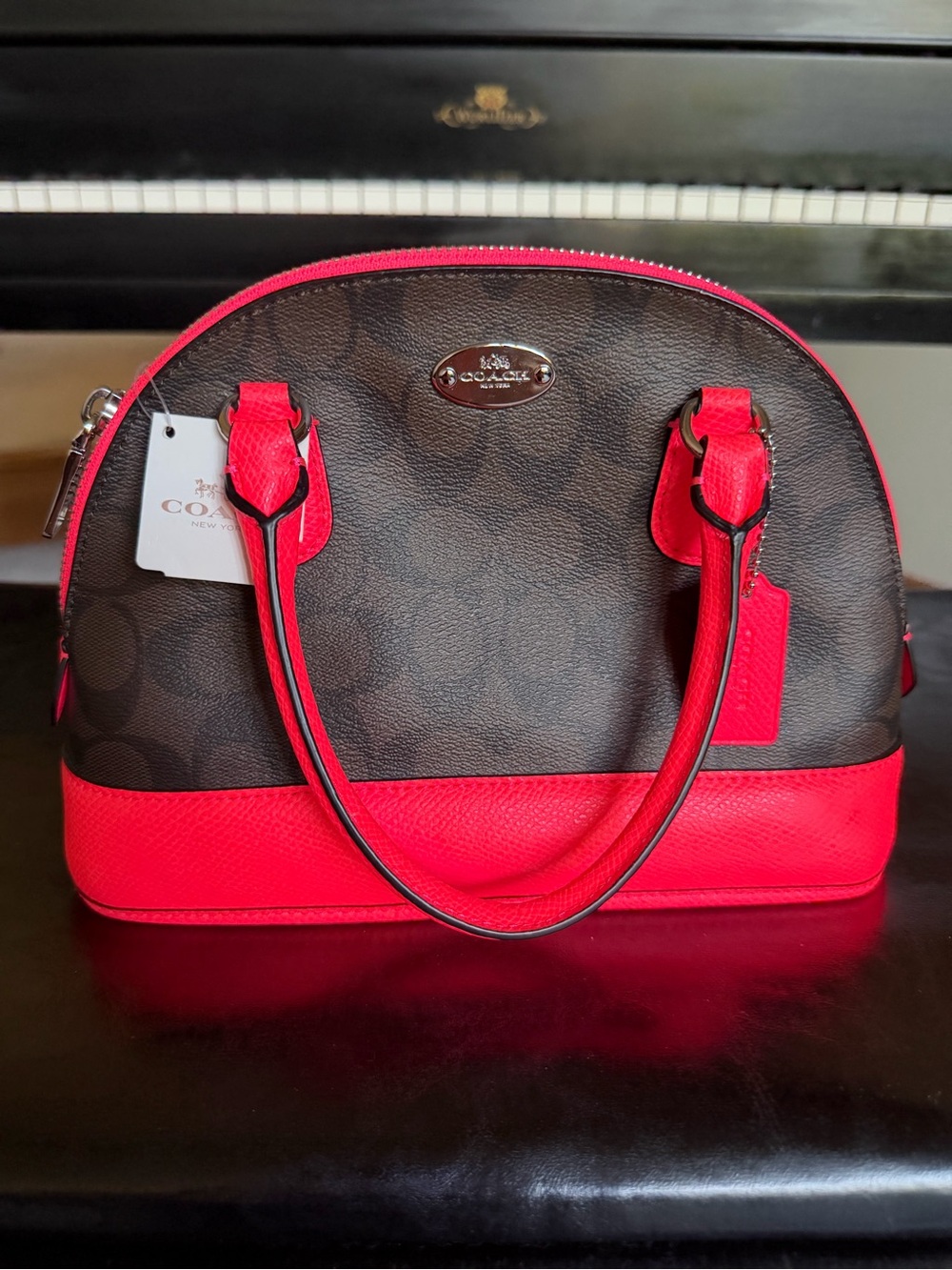 Coach Brown Signature Dome Satchel with Hot Pink Trim